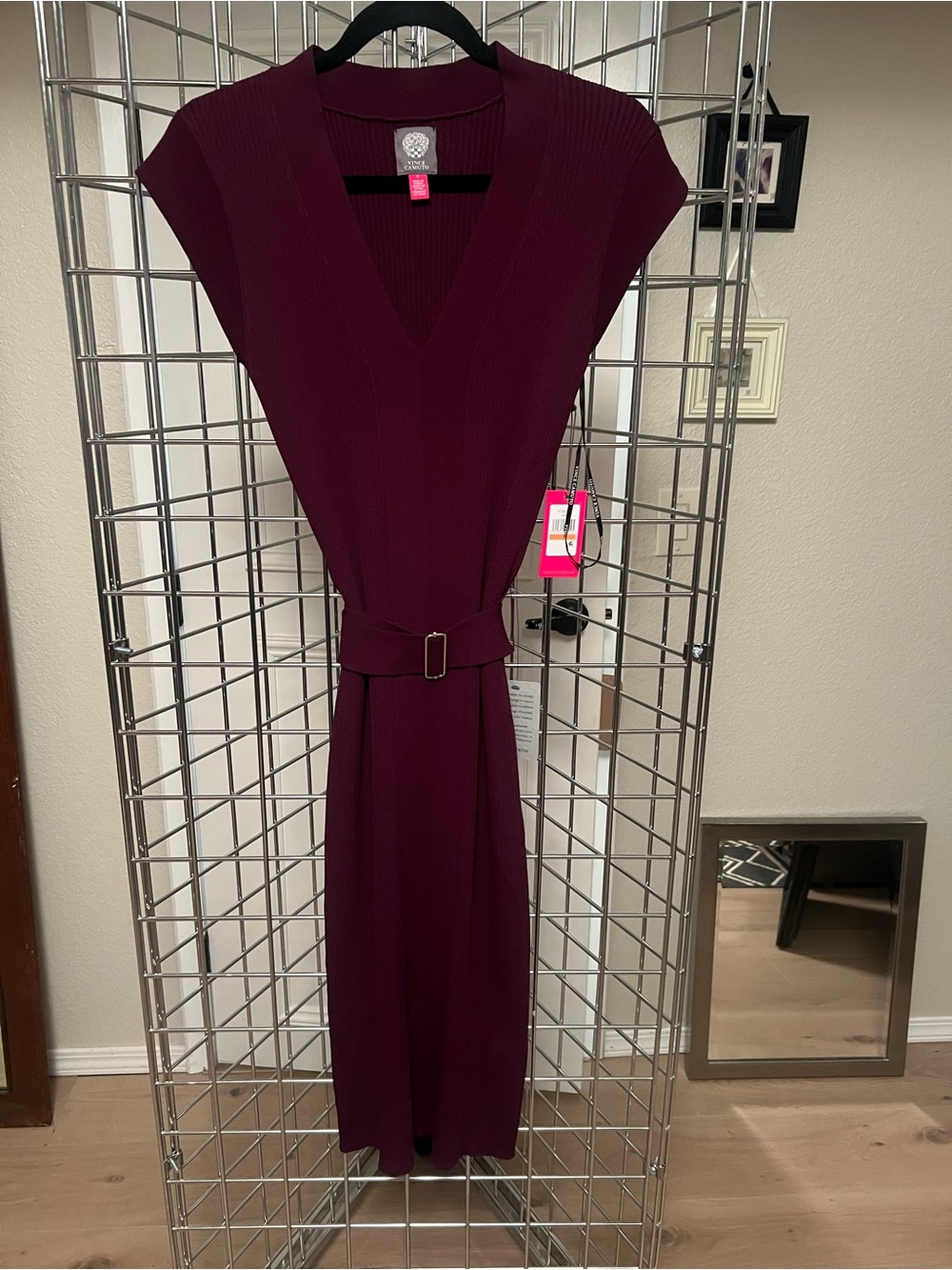 Vince Camuto Knit V-Neck Belted Midi Dress in Deep Plum